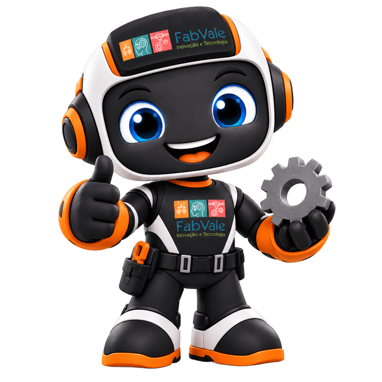 Mascote robô da FabVale segurando uma engrenagem e fazendo sinal positivo